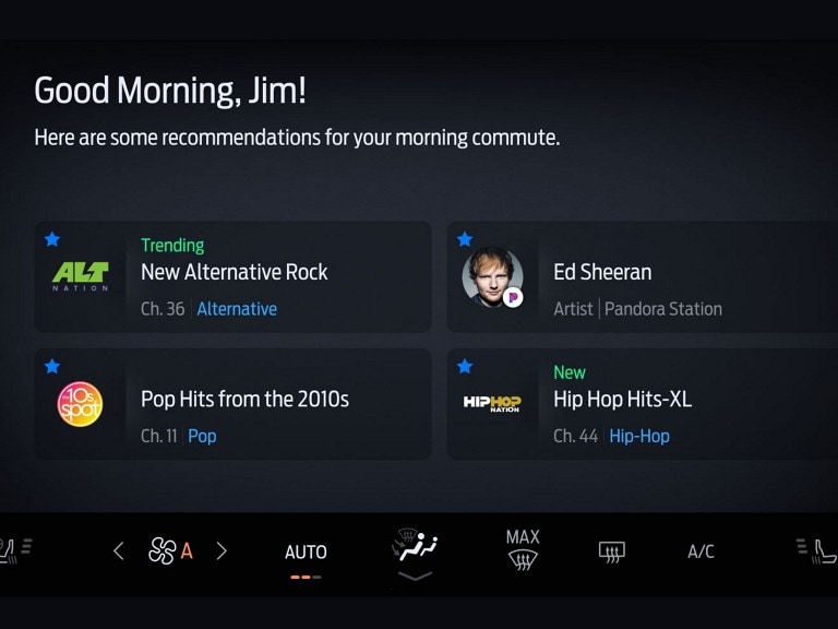 SiriusXM black in-vehicle technology welcome screen with greeting and musical option recommendations.