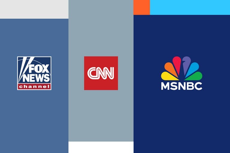 Three columns for SiriusXM news channels with the Fox News, CNN, and MSNBC logos.