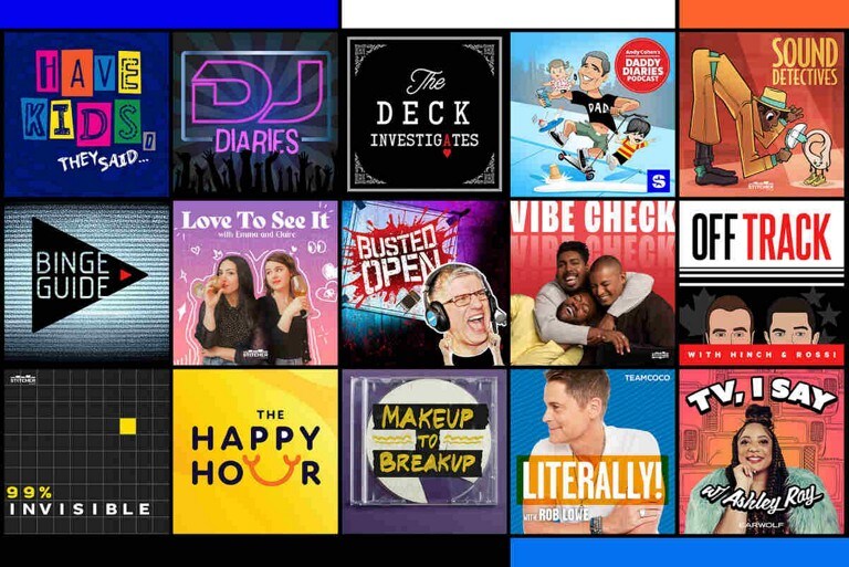 Sample of SiriusXM podcast channel library thumbnails like DJ Diaries, Vibe Check, The Happy Hour, and Makeup to Breakup.