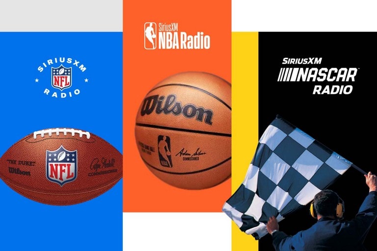 Three columns for SiriusXM sports radio channels with an NFL football, an NBA basketball, and a Nascar flag.