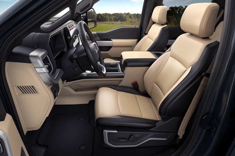 Interior of leather seats in a 2025 Ford Super Duty® Chassis Cab Lariat
