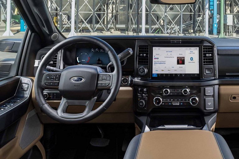 Interior of the 2025 Ford Super Duty® F-350® LARIAT® pickup showing the 12-inch touchscreen