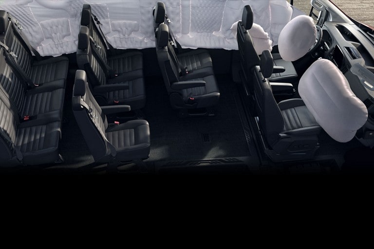 Interior of 2025 Ford Transit® with airbags deployed