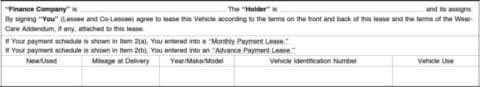 Lease Agreement - Section that verifies correct vehicle information