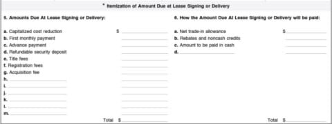 Itemization of Amount Due at Lease Signing or Delivery
