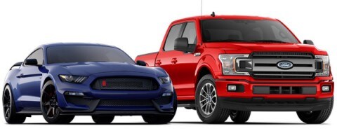 Una Ford F 1 50 X L T 2020 con Paquete de Apariencia Deportiva en Race Red y Ford Mustang G T 3 50 R 2020 en Kona Blue