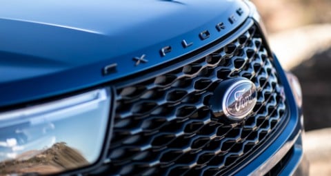 Closeup of grille on a 2020 Ford Explorer ST in Atlas Blue