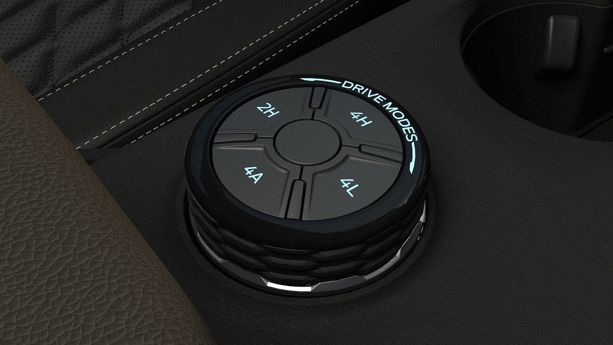 A four-wheel drive and drive mode selector control wheel. 