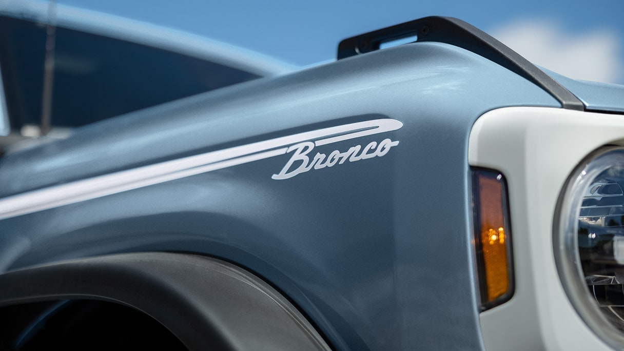 A Ford Bronco label on the front passenger-side fender.