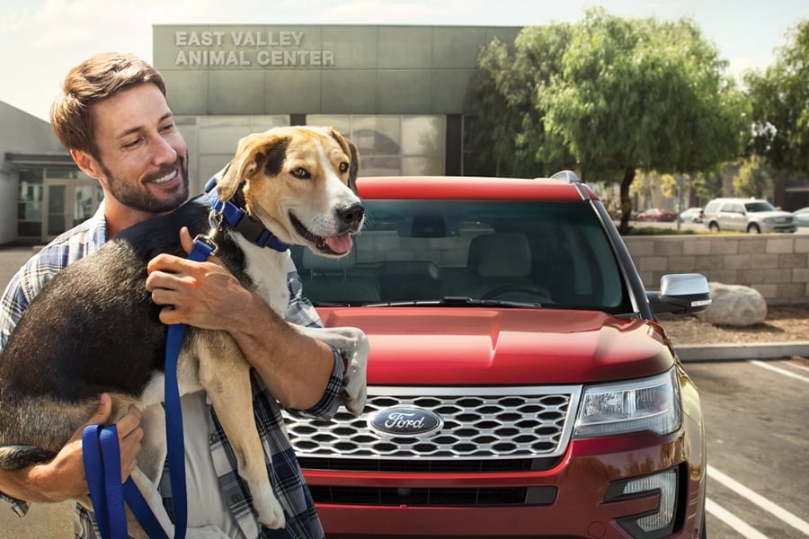 Person holding a dog standing in front of a parked Ford SUV