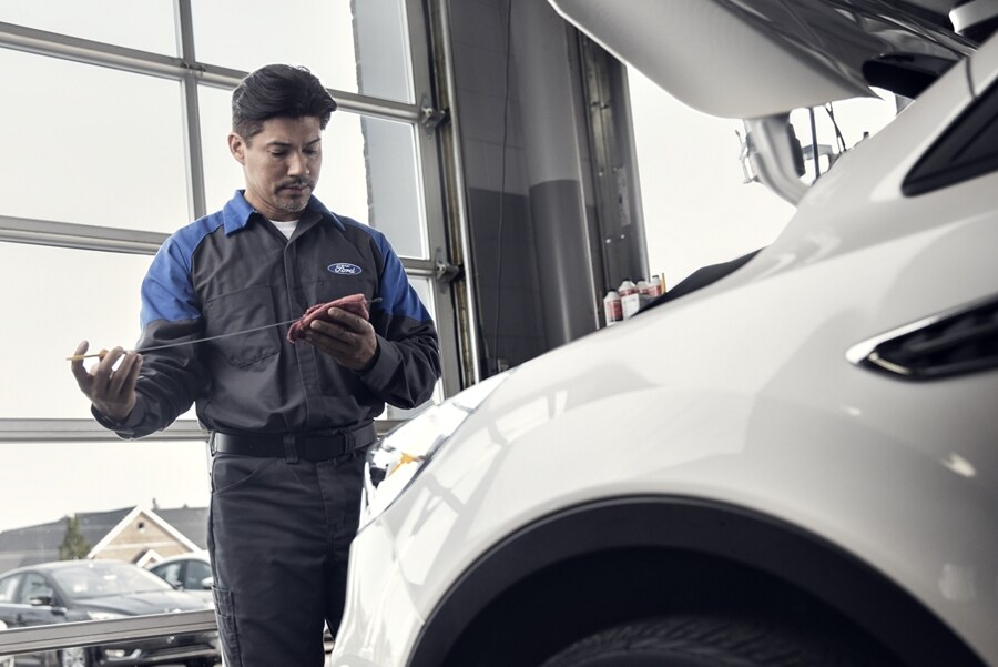 Ford Dealer Technician checking engine fluid at the dealership