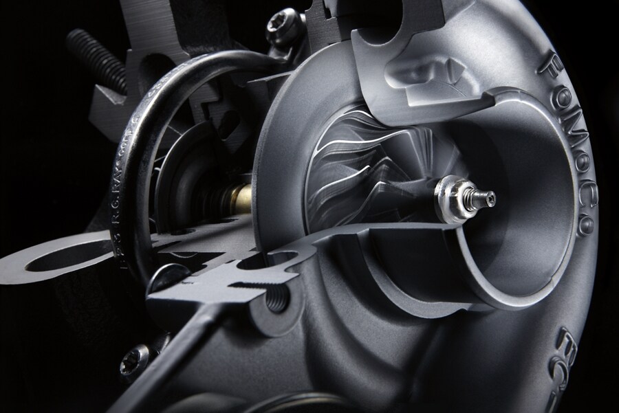 Close up view of a 3 point 5 liter EcoBoost engine
