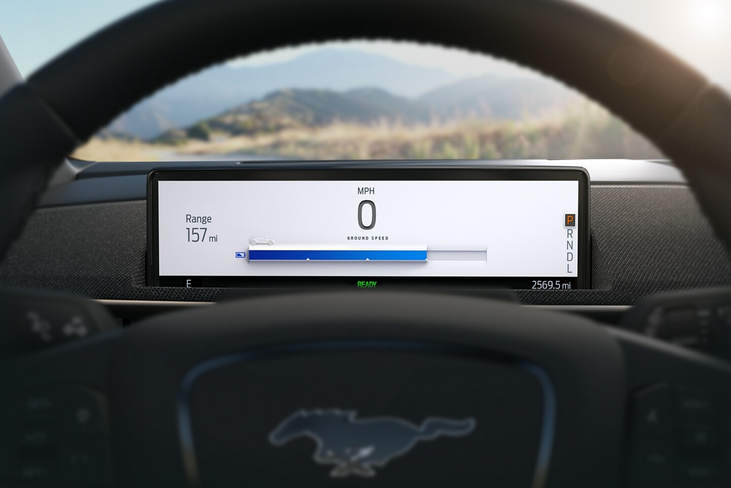 157 miles of available range being displayed on a 2023 Ford Mustang Mach-E® dashboard screen