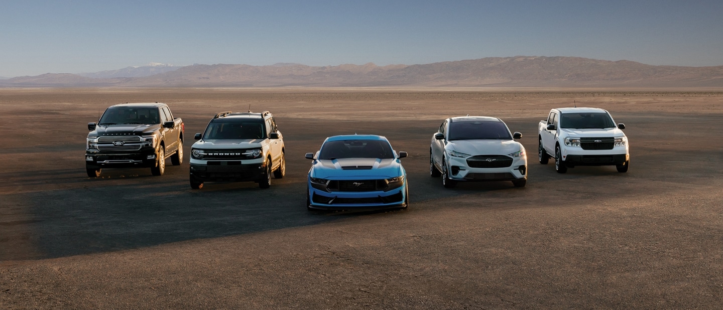 A pack shot of Ford vehicles including F-150®, Bronco® Sport, Mustang®, Mustang Mach-E®, and Maverick®