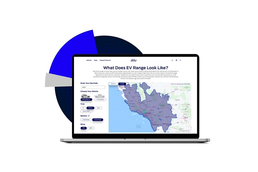 A laptop displays the Ford range map tool