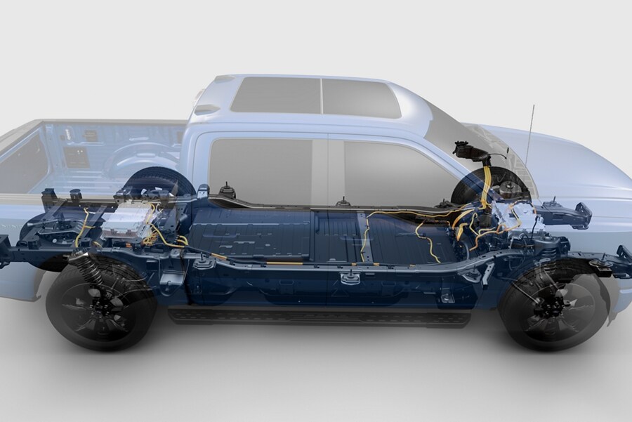 Cutaway view of an F-150® Lightning® highlighting its high voltage battery