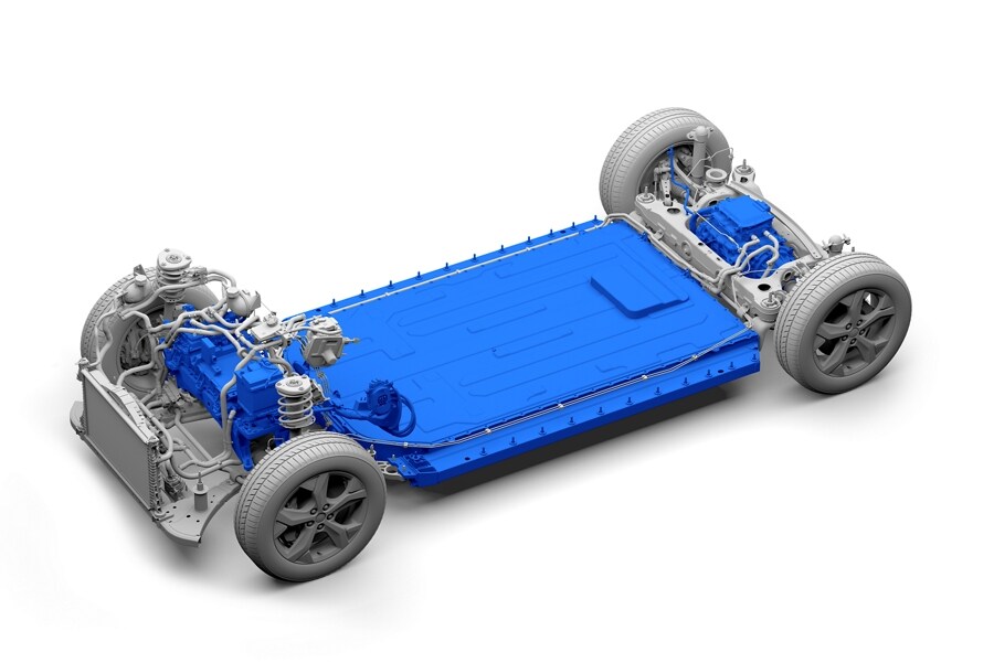 Cutaway view of a Mustang® Mach-E® highlighting its high voltage battery