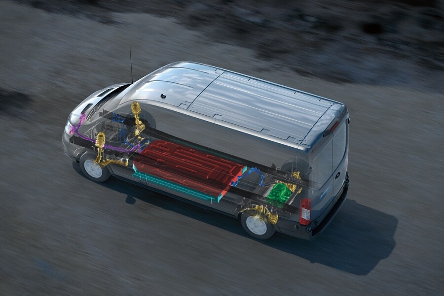 Cutaway view of an E-Transit™ highlighting its high voltage battery