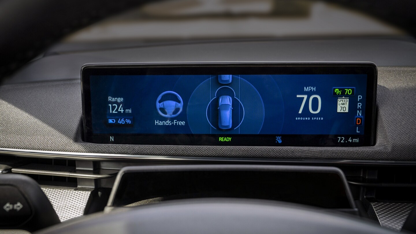 A view of the 10.2-inch digital instrument panel cluster screen of a 2023 Ford Mustang Mach-E