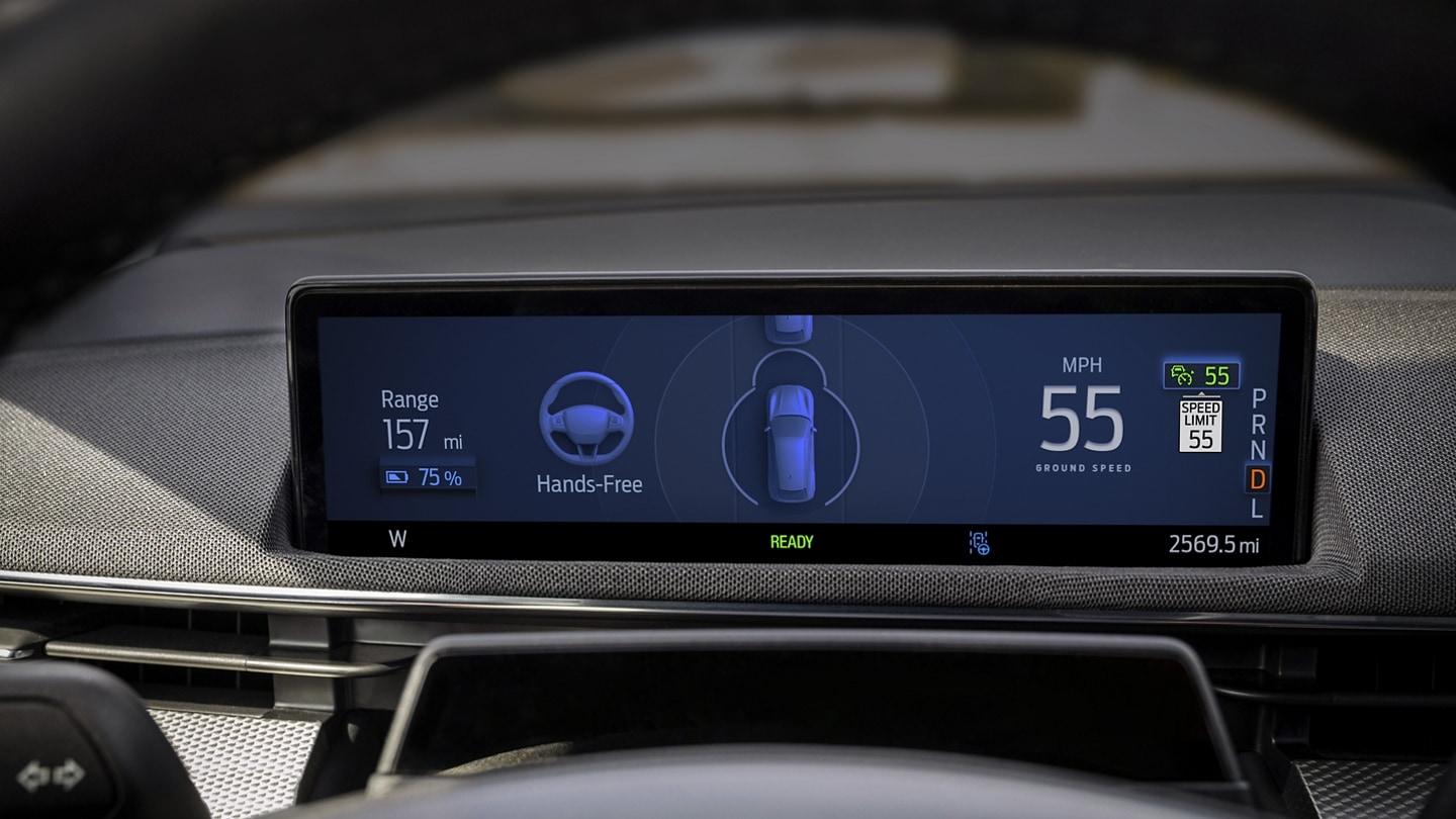 A view of the 10.2-inch digital instrument panel cluster screen of a 2023 Ford Mustang Mach-E