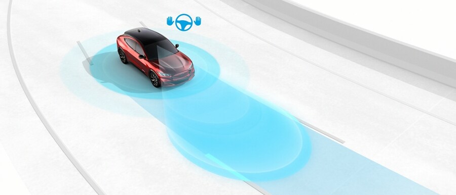 Graphic demonstrating 2021 Ford Mustang Mach-E using BlueCruise