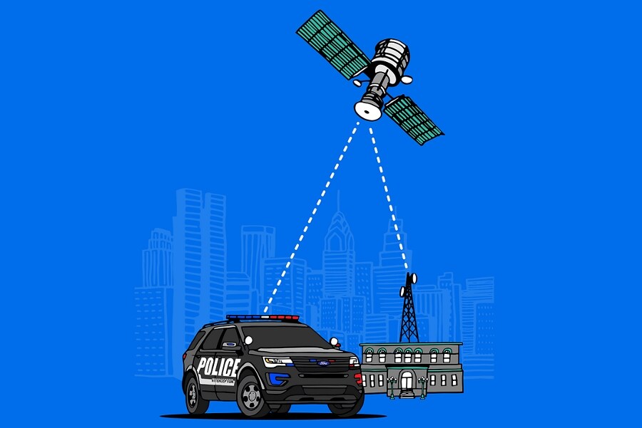 Graphic of a ford police vehicle communicating with headquarters by satellite