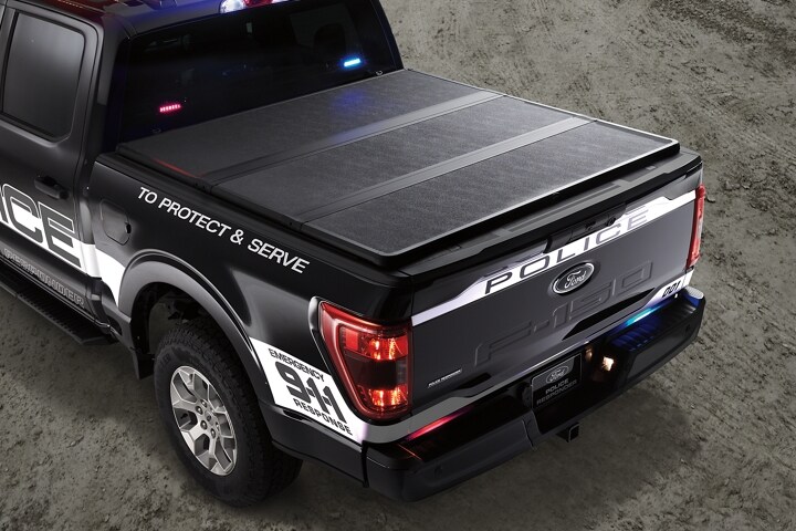 The bed of a 2021 Ford F-150 Police Responder® with a tonneau cover