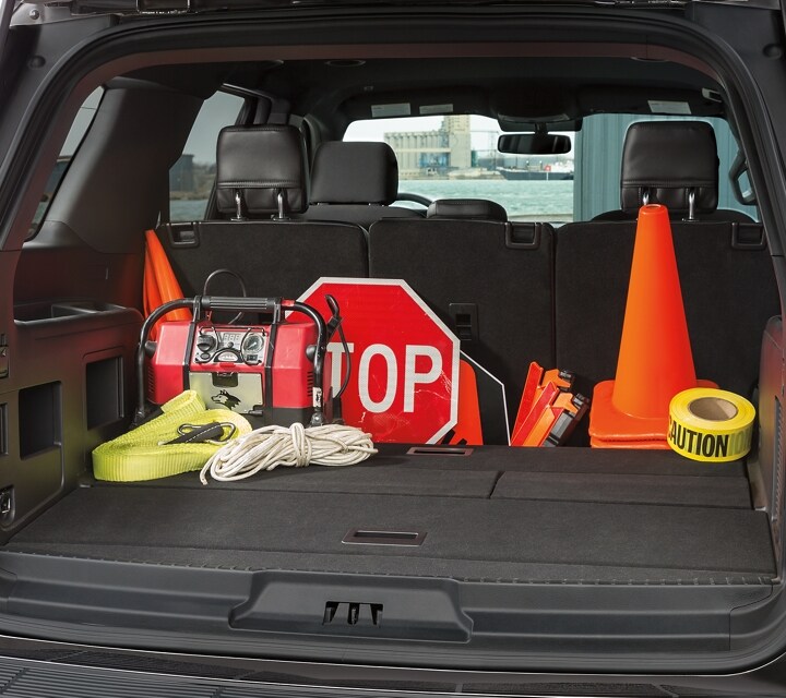 The rear cargo area of the twenty twenty one ford expedition special service vehicle