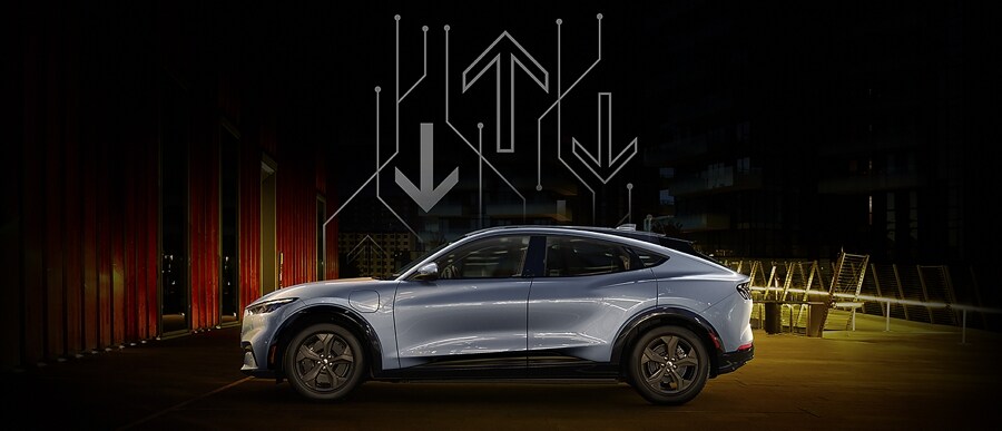 2022 Ford Mustang Mach-E pictured on a dark backdrop with arrow graphics above