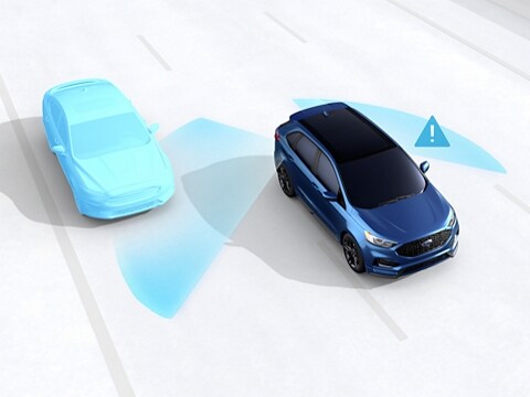 Graphic demonstrating 2023 Ford Edge using BLIS with Cross-Traffic Alert