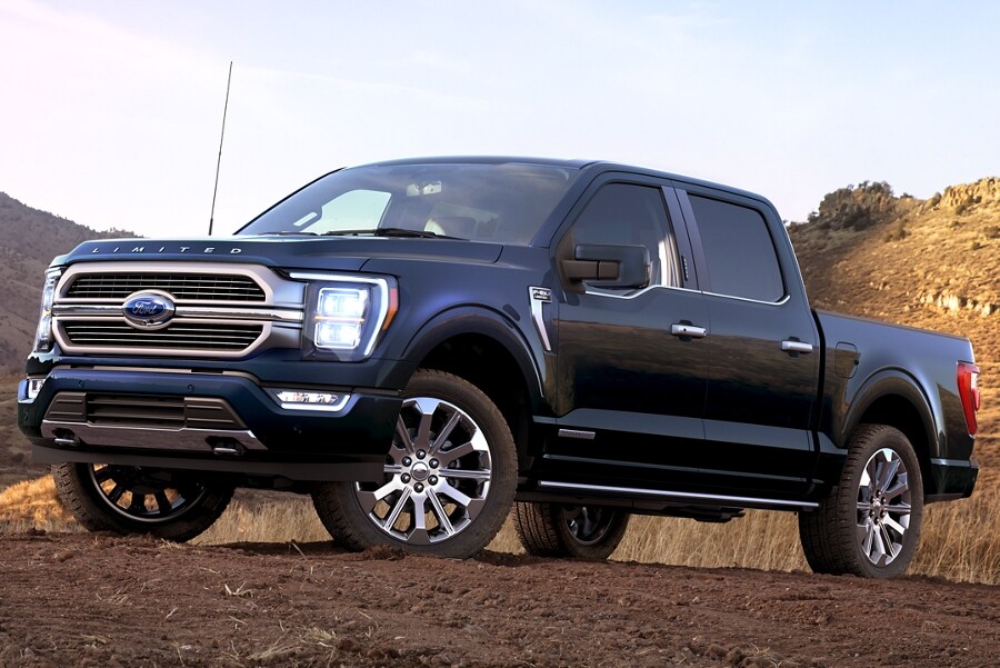 2021 Ford F one fifty in Antimatter Blue parked in the wilderness