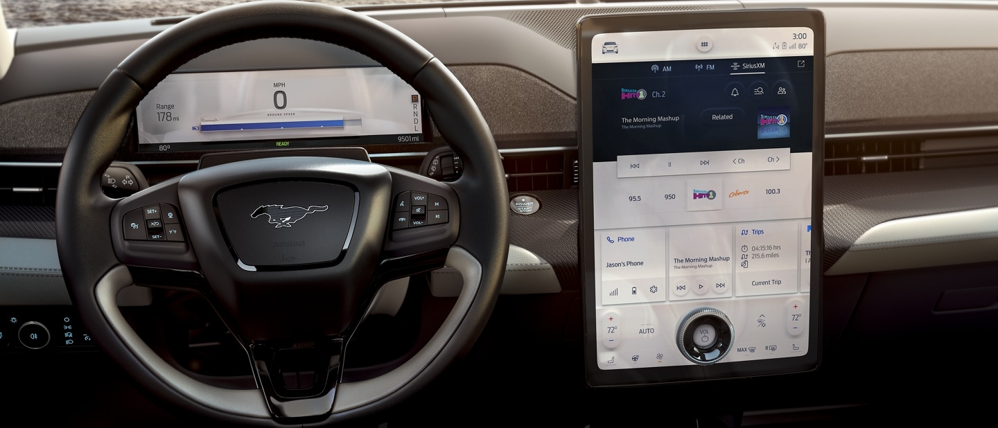 Interior view of a 2021 Ford Mustang Mach E facing an ocean
