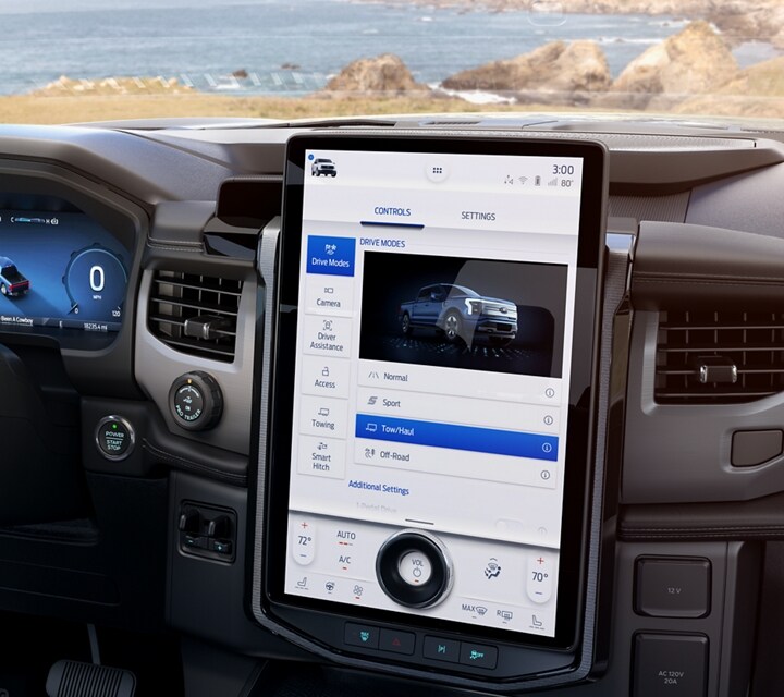 Interior of the F-150® Lightning™ showing the large center touchscreen