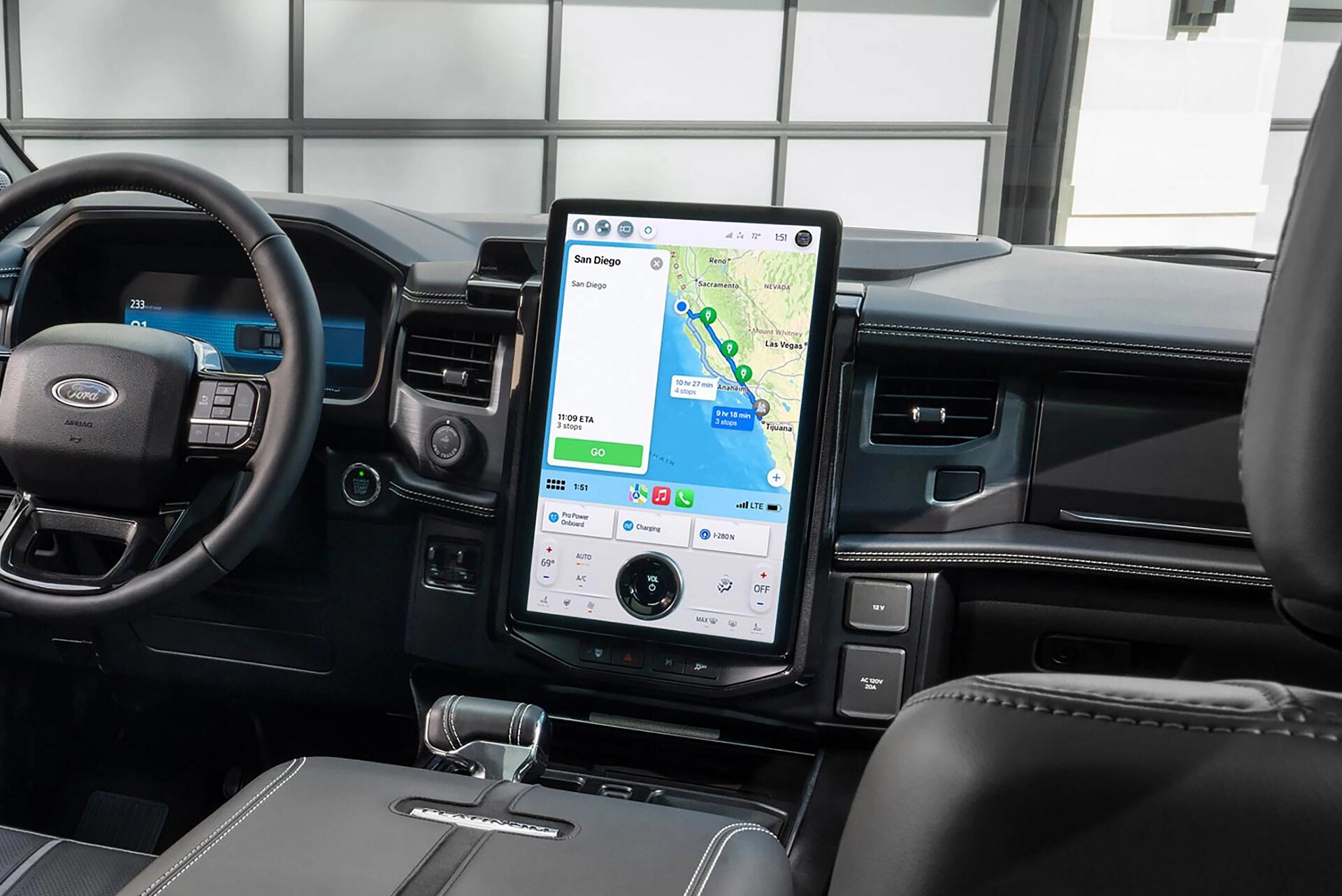 Interior of a Ford F-150® Lightning® truck with a large display