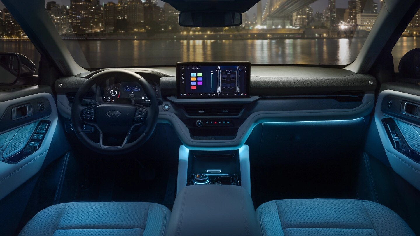 Blue ambient lighting inside a 2025 Ford Explorer