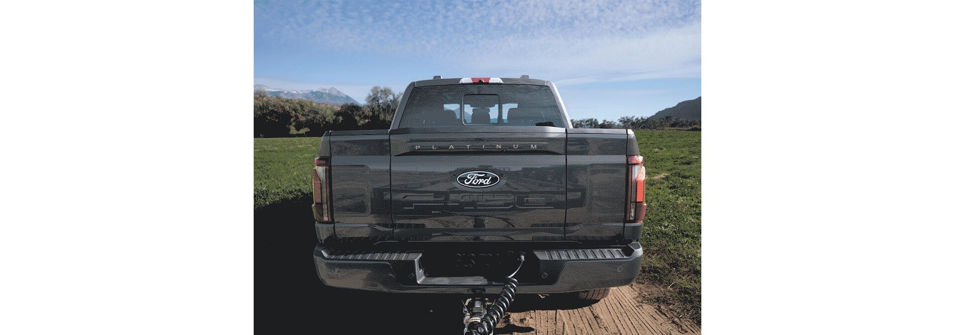 View of the tailgate highlighting the pro access tailgate of a 2026 Ford F-150® Platinum® pickup in Agate Black Metallic