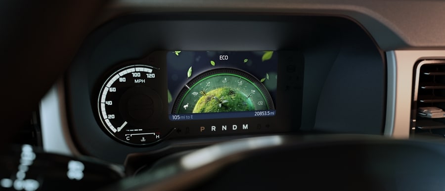 Close-up of 2023 Ford Bronco® instrument cluster showing Eco mode