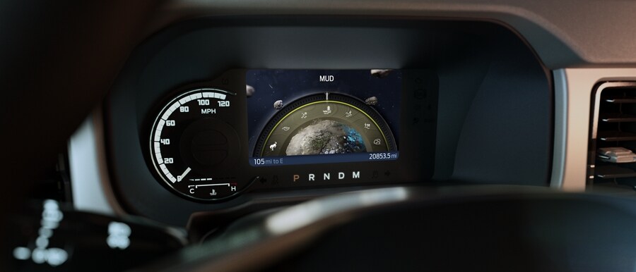 Close-up of 2023 Ford Bronco® instrument cluster showing Mud/Ruts mode