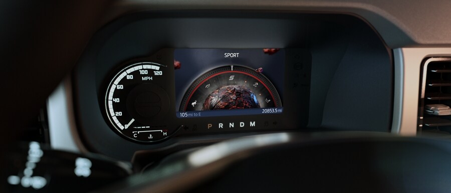 Close-up of 2023 Ford Bronco®instrument cluster showing Sport mode