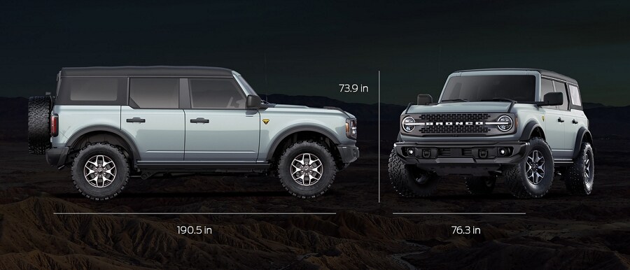 Four-door 2023 Ford Bronco® Badlands® in Cactus Gray showing vehicle dimensions
