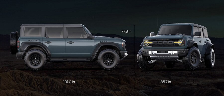 Una Ford Bronco® Raptor® 2023 de cuatro puertas en Azure Gray con las dimensiones del vehículo