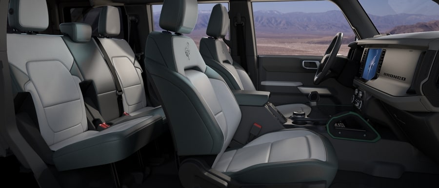 Interior of 2024 Ford Bronco® Everglades™ SUV with standard marine-grade vinyl seats in Dark Space Gray with Black Onyx