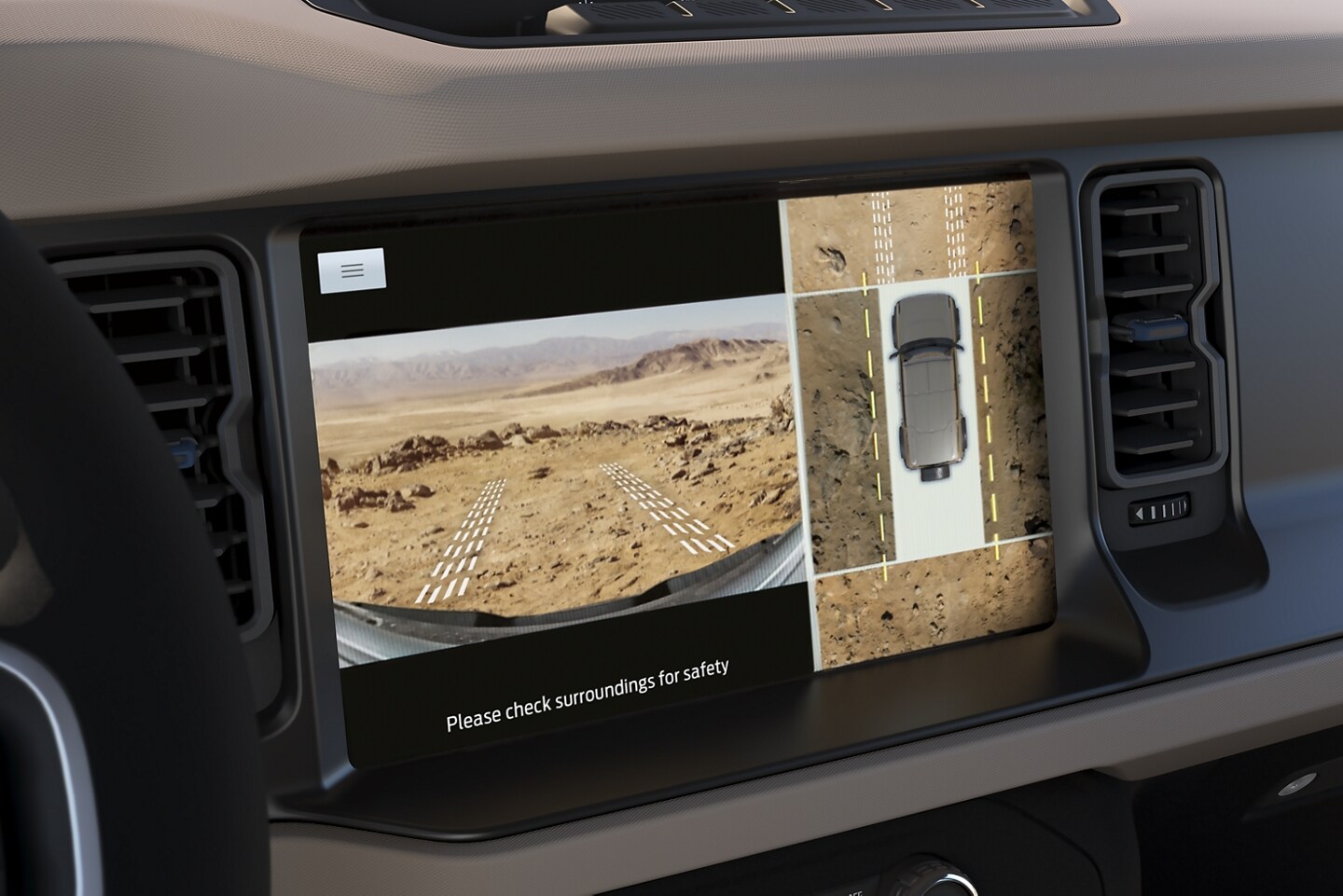  360 degree camera view on the navigation screen showing a birds eye view of the ford bronco raptor