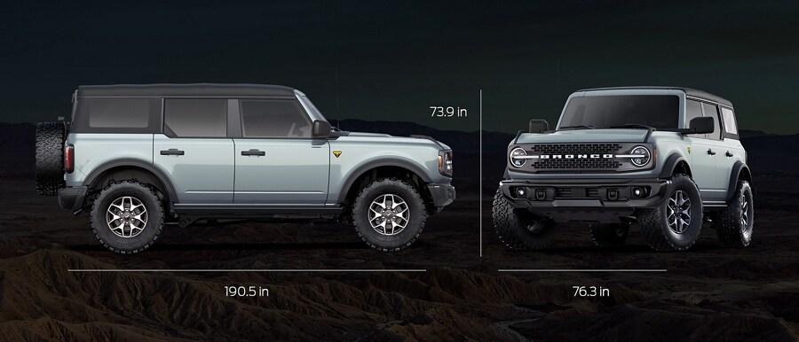 Four-door 2024 Ford Bronco® Badlands® in Cactus Gray showing vehicle dimensions