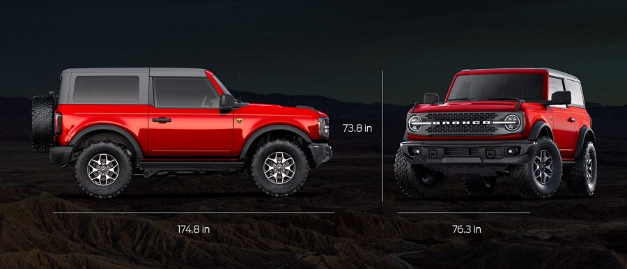 Two-door 2024 Ford Bronco® Badlands® in Hot Pepper Red showing vehicle dimensions