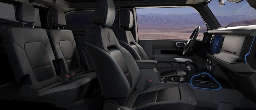Interior of 2024 Ford Bronco® SUV with marine-grade vinyl seats in Dark Space Gray with Black Onyx