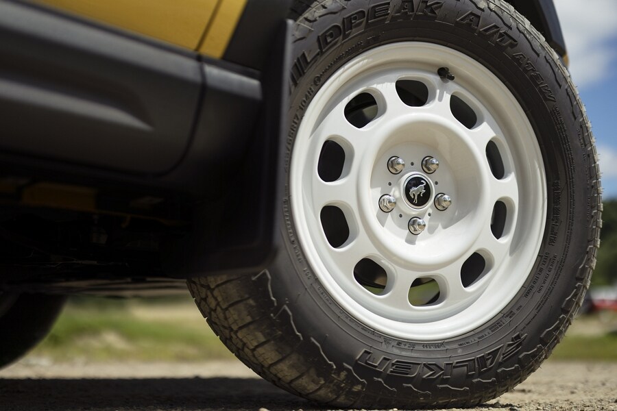 Showing An Oxford white wheel on a 2023 Ford Bronco® Sport
