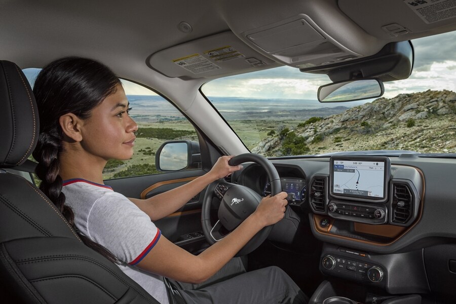 Mujer con las manos en el volante mirando un mapa en la pantalla interior