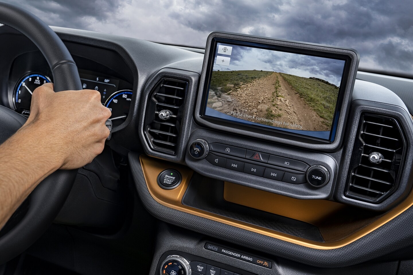 Close-up of image of the road ahead showing on the front-facing camera inside the vehicle