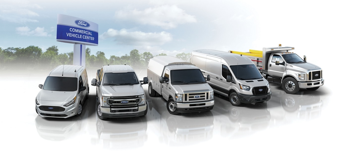 Several Ford commercial vehicles parked at Ford Commercial Vehicle Center